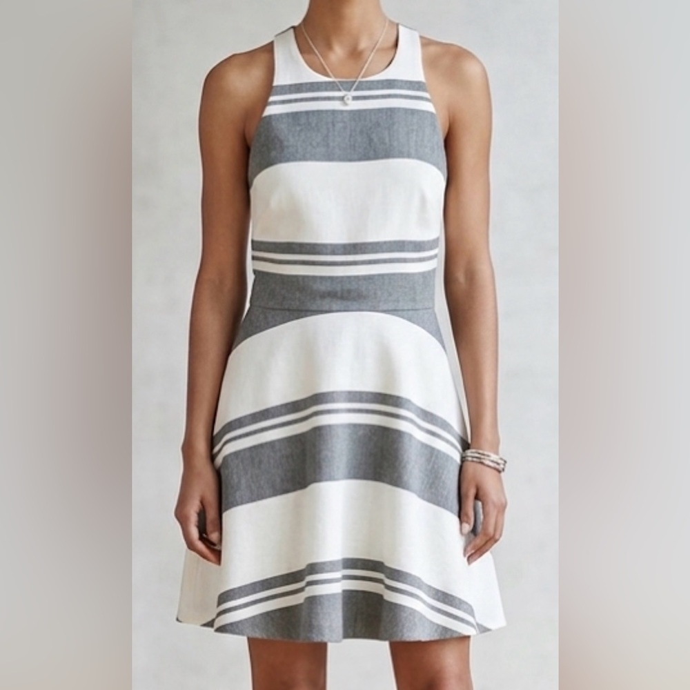 Striped High-Neck Fit & Flare Mini Dress in Grey and White